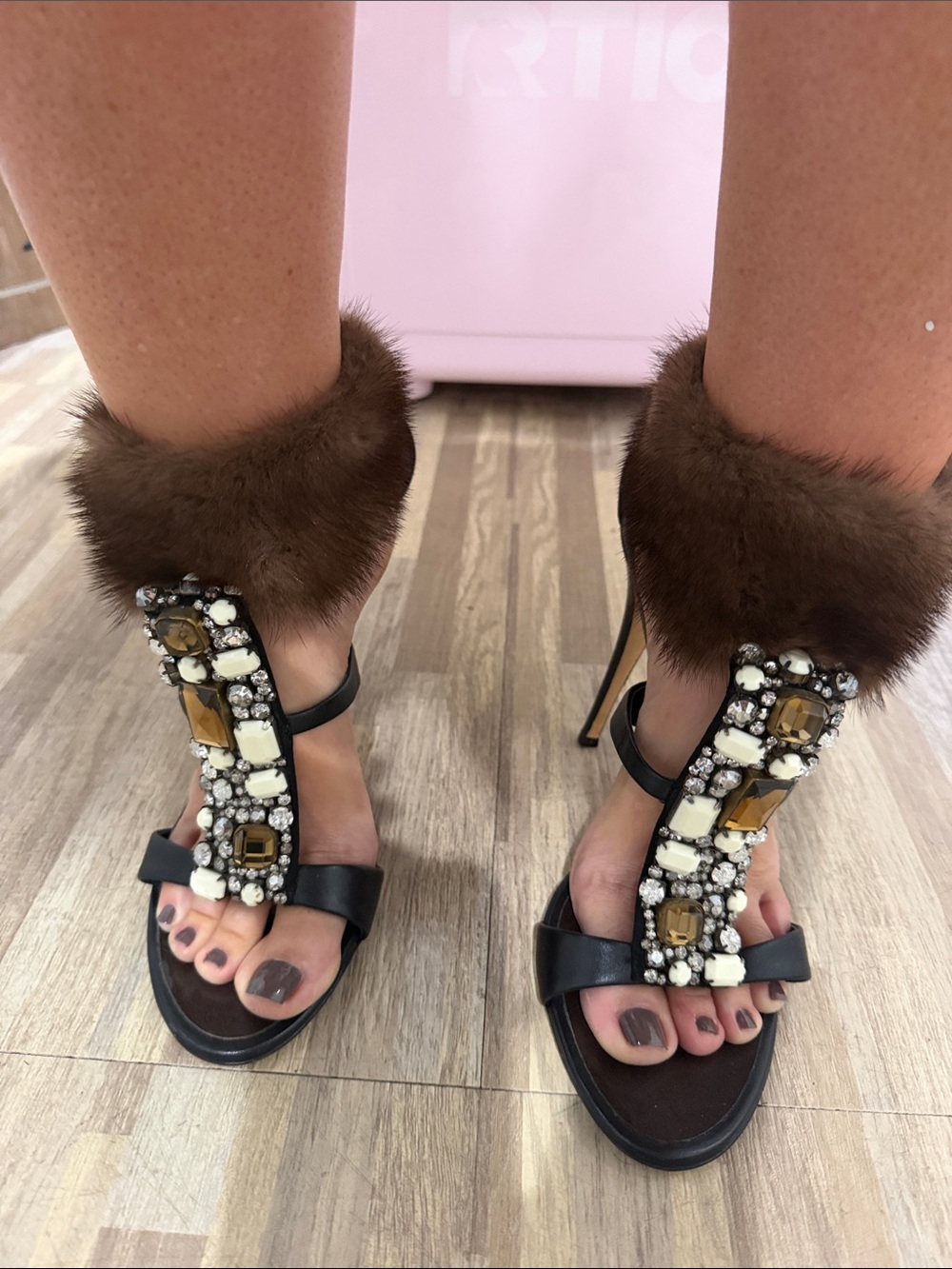 Giuseppe Zanotti Jewel Embellished, Brown Fur & Black Leather T-Strap Heels 10